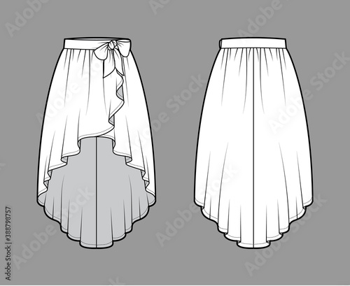 Skirt high low cascade wrap technical fashion illustration with semi-circular fullness, thick waistband. Flat bottom template front, back, white color style. Women, men, unisex CAD mockup