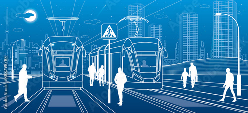 City scene, people walk down the street, passengers leave tram, night city, Illuminated highway, transitional arch bridge at background. Electric transport. Outline vector infrastructure illustration