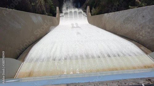 Cleveland Dam Spillway British Columbia 4K UHD. Looking down the spillway of the Cleveland Dam in Capilano River Regional Park, North Vancouver, British Columbia. 4K. UHD.
