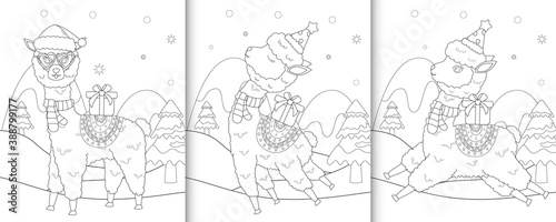 coloring book with cute alpaca christmas characters