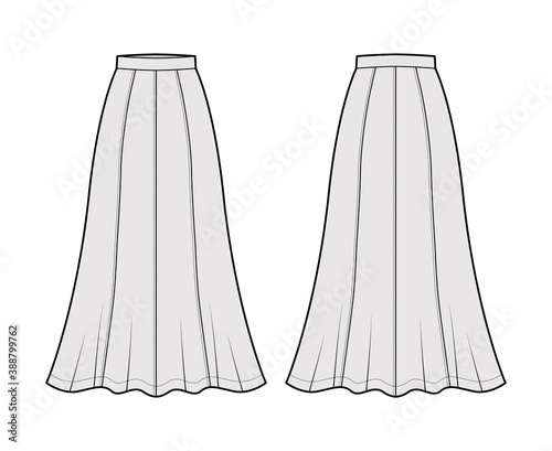 Skirt maxi eight gore technical fashion illustration with ankle lengths silhouette, semi-circular fullness. Flat bottom template front, back, grey color style. Women, men, unisex CAD mockup