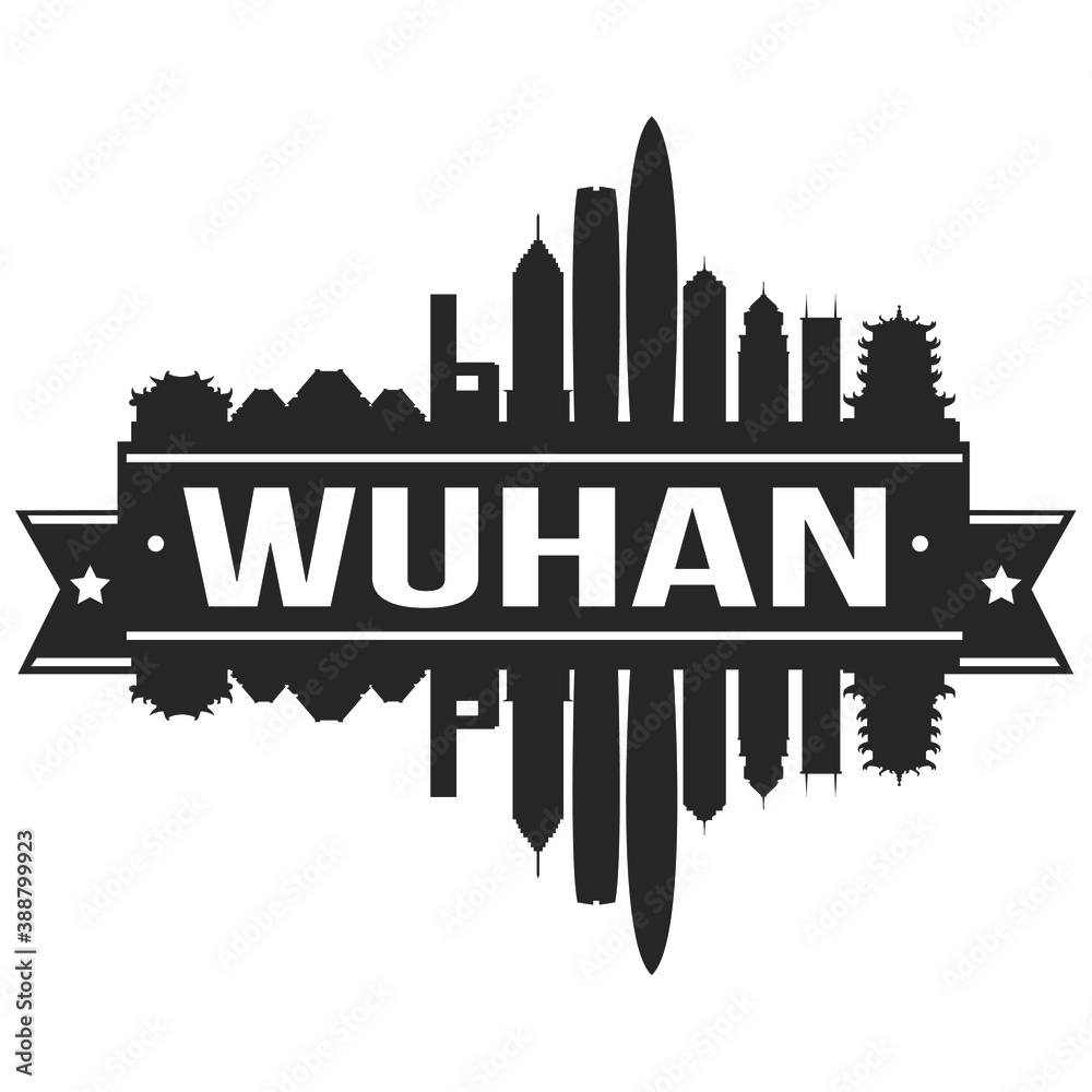 Wuhan China,  Skyline Silhouette City Vector Design Art Stencil.