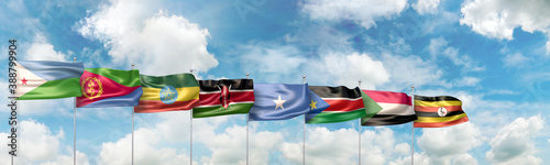 3D Illustration with national flags of the eight african countries which are full member states  of the Intergovernmental Authority on Development (or IGAD ) trade bloc