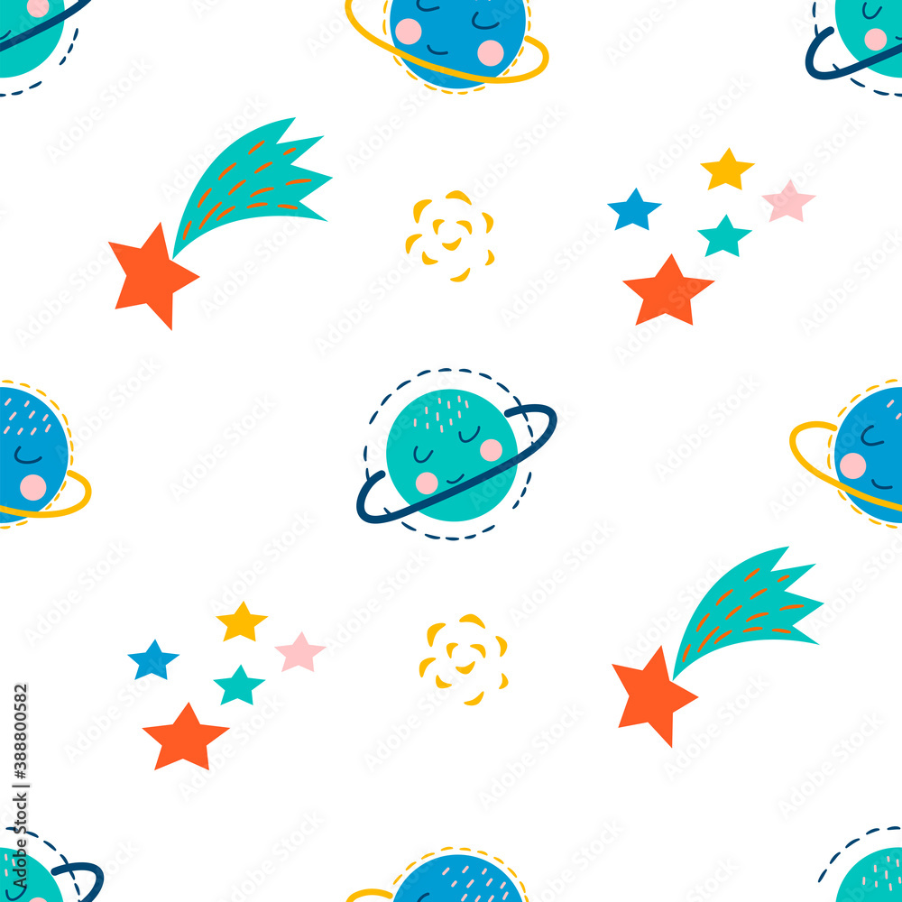 Seamless pattern with cute space planets, stars on a white background, in vector graphics. For decorating wrapping paper, prints for children's clothing, t-shirts, pajamas, textiles, covers