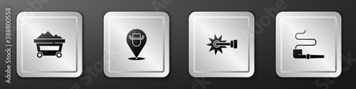 Set Coal mine trolley, Location cowboy, Spur and Smoking pipe icon. Silver square button. Vector.