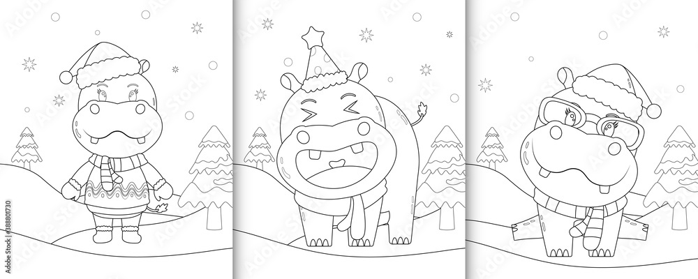 coloring book with cute hippo christmas characters