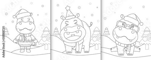 coloring book with cute hippo christmas characters