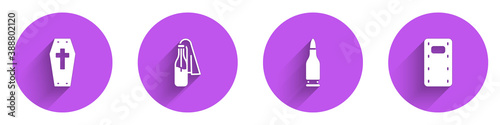 Set Coffin with cross, Cocktail molotov, Bullet and Military assault shield icon with long shadow. Vector.