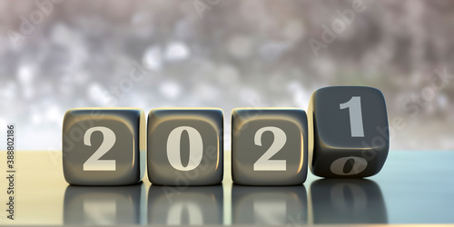 New year 2021 number on gray cubes, festive bokeh background, banner. 3d illustration
