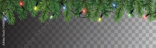 Vector christmas decoration seamless pattern with branches and colorful christmas lights isolated on dark background