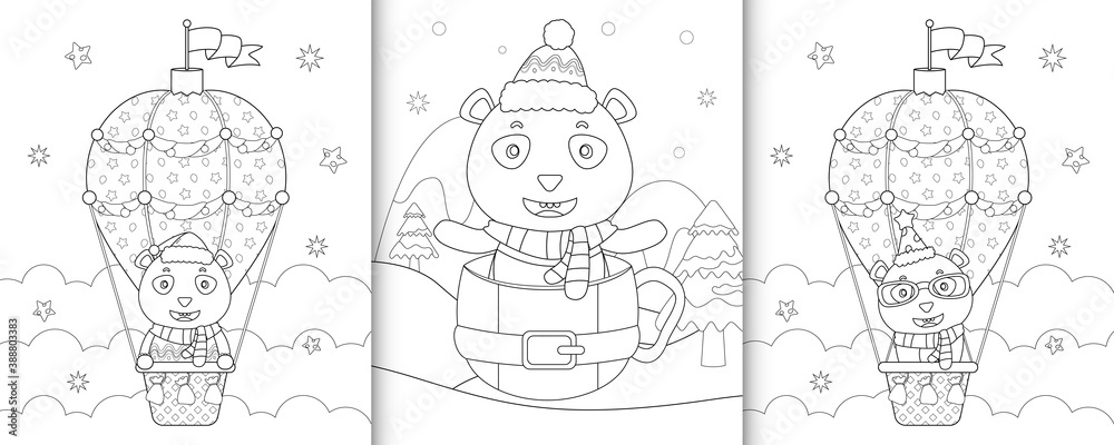 coloring book with cute panda christmas characters