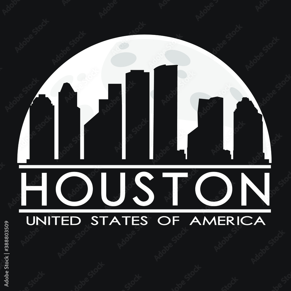 Houston Full Moon Night Skyline Silhouette Design City Vector Art Logo.