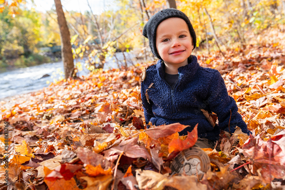 Cute little boy sit on leafs during autumn Cute little boy sit on leafs during autumn