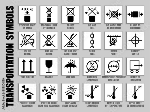 Packaging symbols collection of care handling with warning caution for heavy cargo transport. Don't move, roll, stack, clamp, truck, limit, protect, pressure, keep dry, fragile