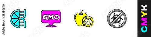 Set Genetically modified orange, GMO, apple and Stop icon. Vector.