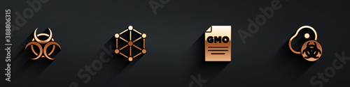 Set Biohazard symbol, GMO, and Genetically modified meat icon with long shadow. Vector.