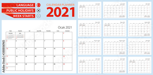 Turkish calendar planner for 2021. Turkish language, week starts from Sunday.