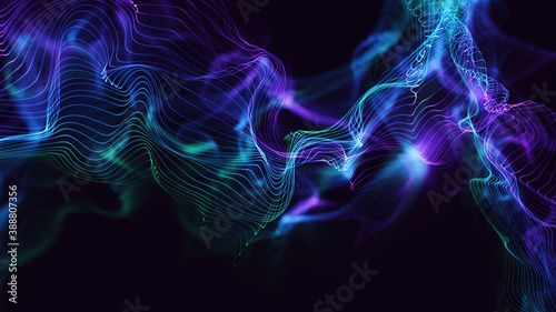 Glowing dynamic waves background texture. Multi-colours line particles with beautiful bokeh. Digital 3d illustration concept art