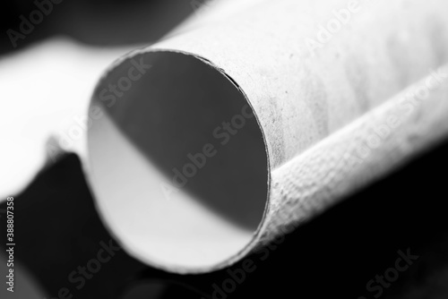 Foto Empty toilet paper carboard roll close up macro shot on dark background, monochrome image