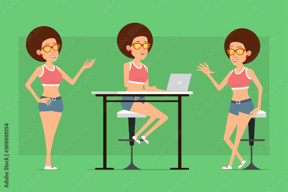 Cartoon flat funny sport woman character in shirt, jeans shorts and sunglasses. Ready for animation. Girl posing on photo, resting and working on laptop. Isolated on green background. Vector set. Cartoon flat funny sport woman character in shirt, jeans shorts and sunglasses. Ready for animation. Girl posing on photo, resting and working on laptop. Isolated on green background. Vector set.