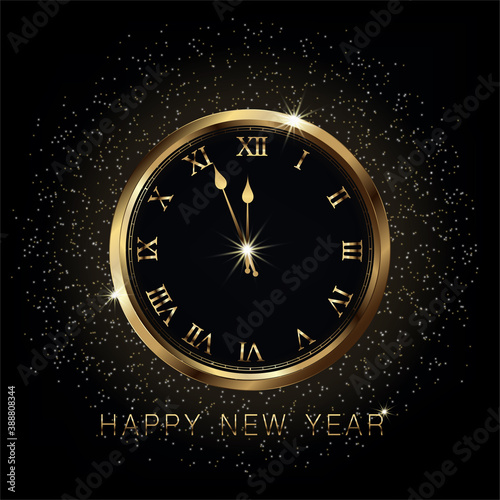 Shiny gold clock on Luxury glowing black background with bright lights and golden sparkles for New year or Merry Christmas or Xmas holiday,Vector illustration