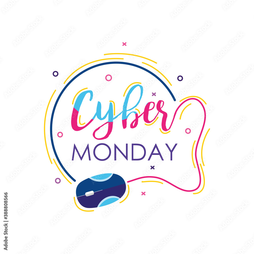 colorful cyber monday design with mouse device icon, flat style