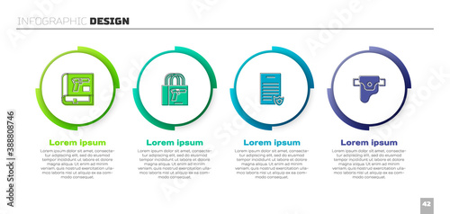 Set Book with pistol or gun, Buying, Firearms license certificate and Gun holster. Business infographic template. Vector.