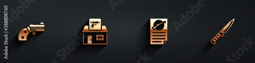 Set Small gun revolver, Hunting shop weapon, Firearms license certificate and Military knife icon with long shadow. Vector.