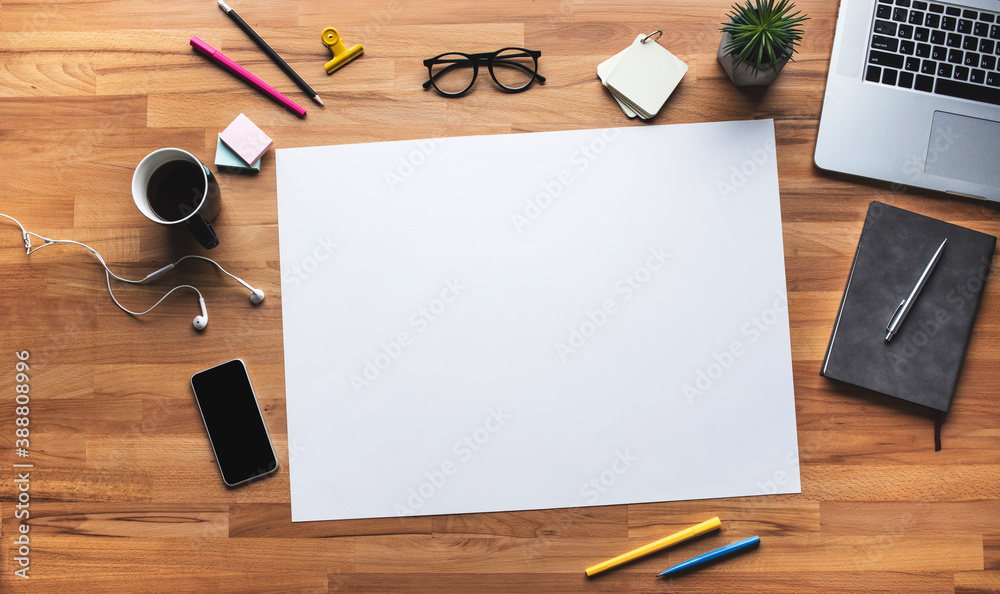 Top view of work table with white coppy space background.Business plan