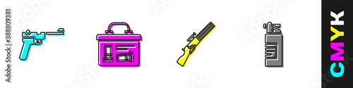 Set Mauser gun, Military ammunition box, Hunting and Weapons oil bottle icon. Vector.