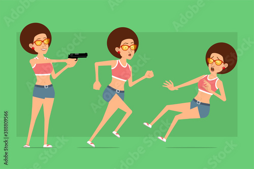 Cartoon flat funny sport woman character in shirt, jeans shorts and sunglasses. Ready for animation. Girl shooting from pistol, running and falling down. Isolated on green background. Vector set.