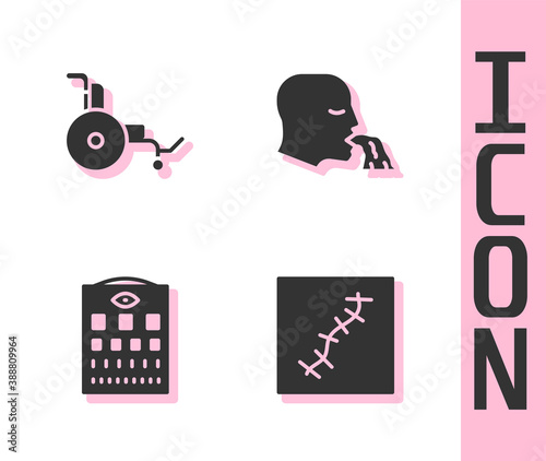 Set Scar with suture, Wheelchair, Eye test chart and Vomiting man icon. Vector.
