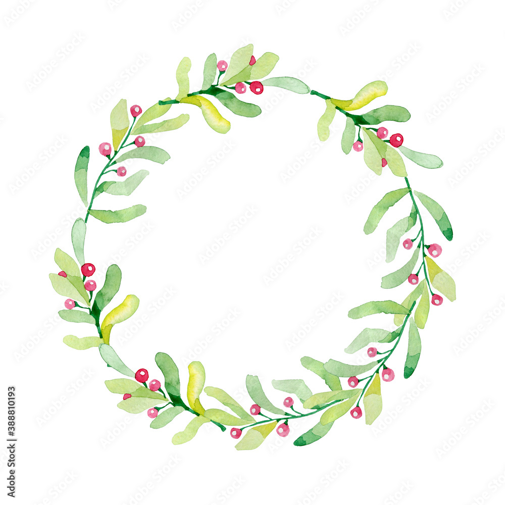 Watercolor colorful greeting decoration Christmas wreath with holly berries. Happy New Year card