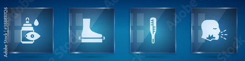 Set Eye drop bottle, Flat foot, Medical thermometer and Man coughing. Square glass panels. Vector.