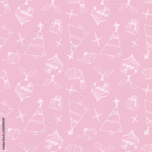Sketch of a pattern for New Year and Christmas on on light pink background. Children's drawing. For printing packaging, postcards, websites.