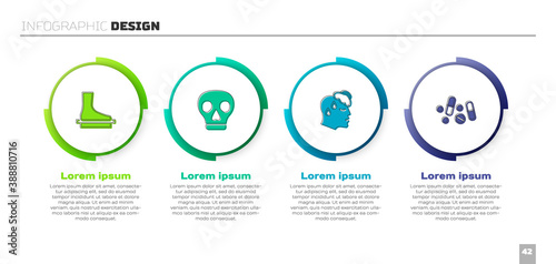 Set Flat foot, Skull, High human body temperature and Medicine pill or tablet. Business infographic template. Vector.