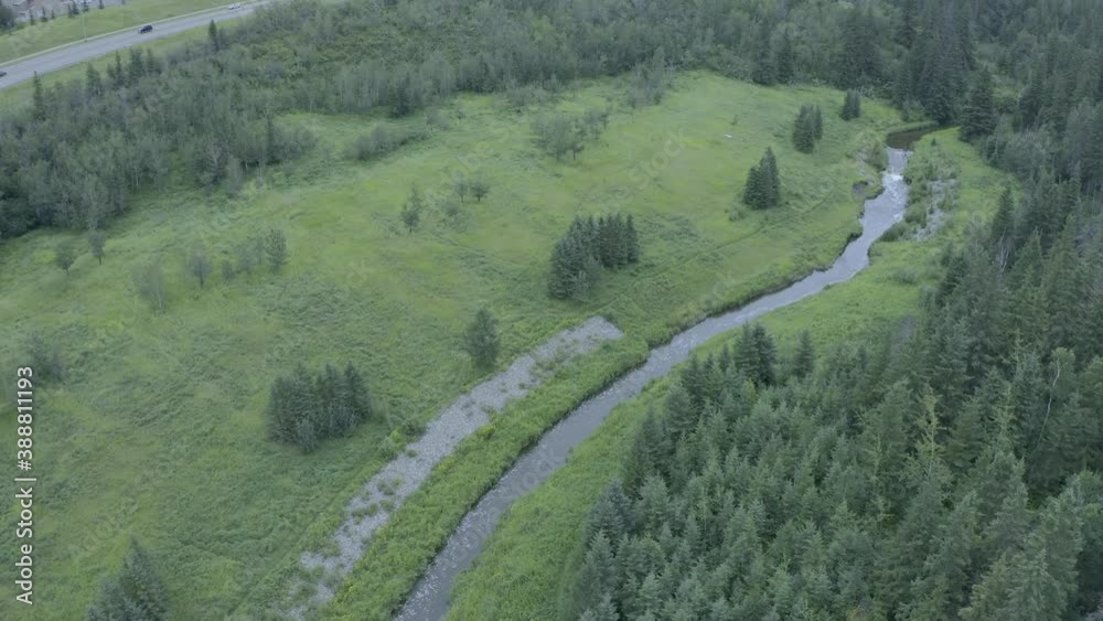 aerial fly over lush forest river rapids with trails stacked with trees and a greenery environmental vegetation by a freeway highway valley on a summer afternoon aerial fly over lush forest river rapids with trails stacked with trees and a greenery environmental vegetation by a freeway highway valley on a summer afternoon