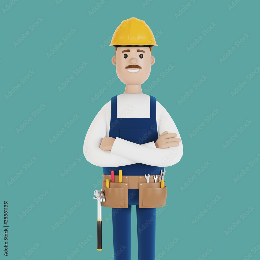 The builder in a helmet and with tools. Construction worker. 3D illustration in cartoon style. The builder in a helmet and with tools. Construction worker. 3D illustration in cartoon style.