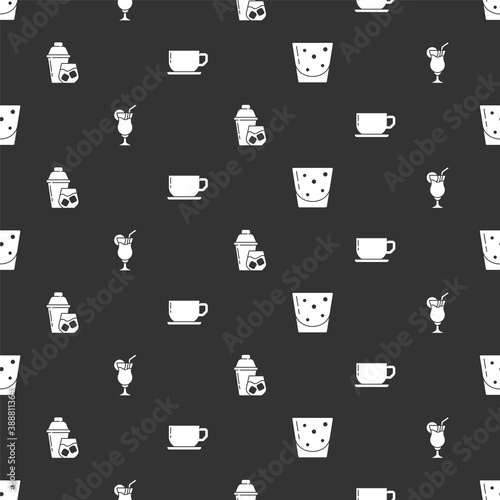 Set Glass of rum, Cocktail, shaker and Coffee cup on seamless pattern. Vector.