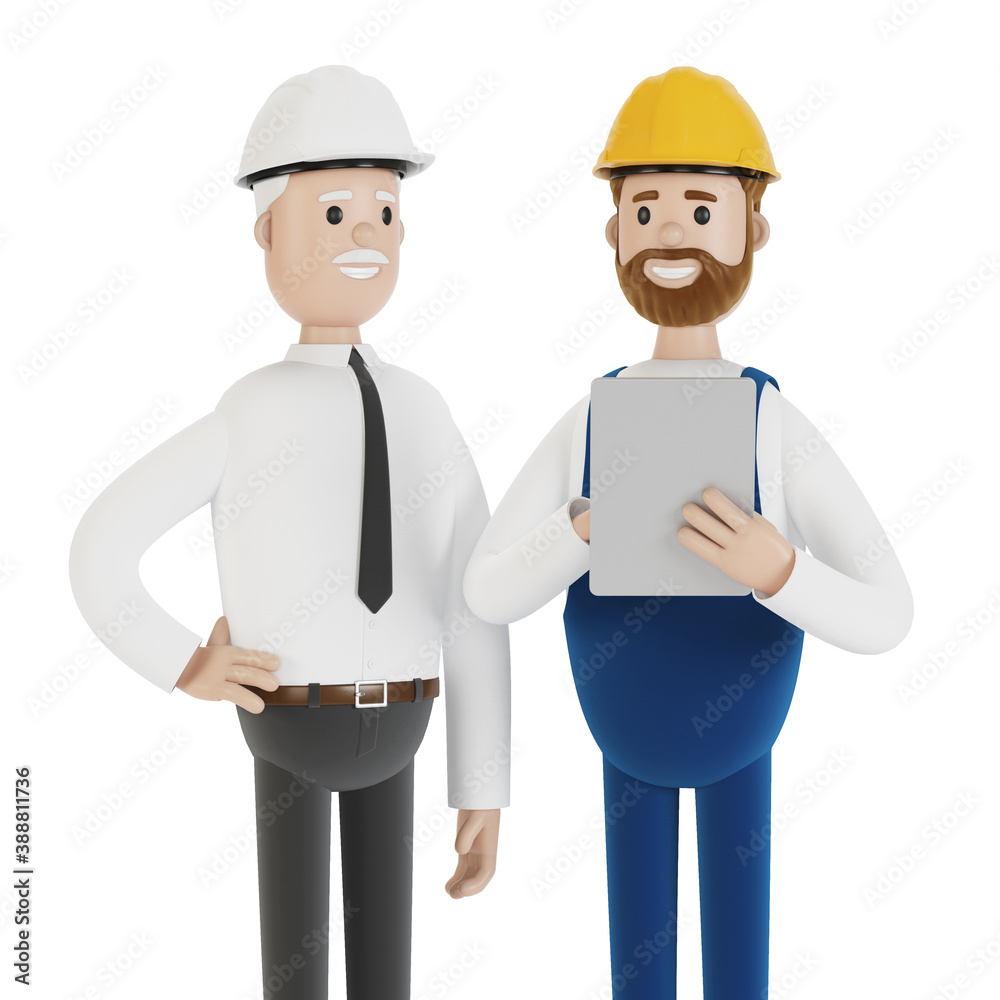 Two engineers in hard hats discuss a project using a tablet. 3D illustration in cartoon style. Two engineers in hard hats discuss a project using a tablet. 3D illustration in cartoon style.