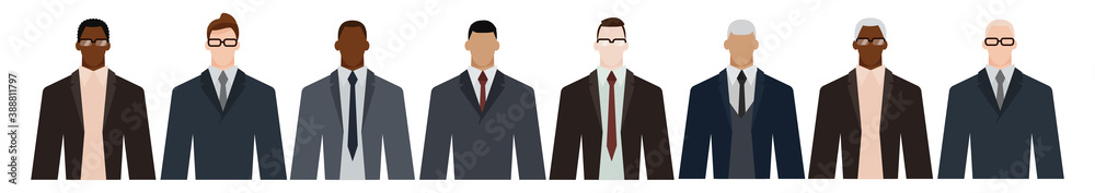 Group of diverse businessmen of adult and senior age, of different race, in office style clothes. Flat design vector illustration.