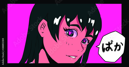 Pop art kawaii anime girl with big shiny eyes smiling with japanese hiragana characters text meaning fool, idiot. Trendy print for t-shirt, wall poster design, cover.