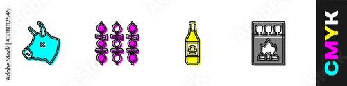 Set Cow head, Grilled shish kebab, Beer bottle and Matchbox and matches icon. Vector.