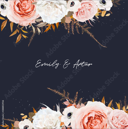 Stylish wedding invite, save the date card design. Blush peach, dusty pink, ivory white Rose, anemone flower, beige brown, orange Eucalyptus, asparagus leaves bouquet. Fall frame, navy blue background