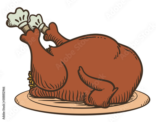 Delicious Stuffed Turkey over Plate in Retro Style, Vector Illustration