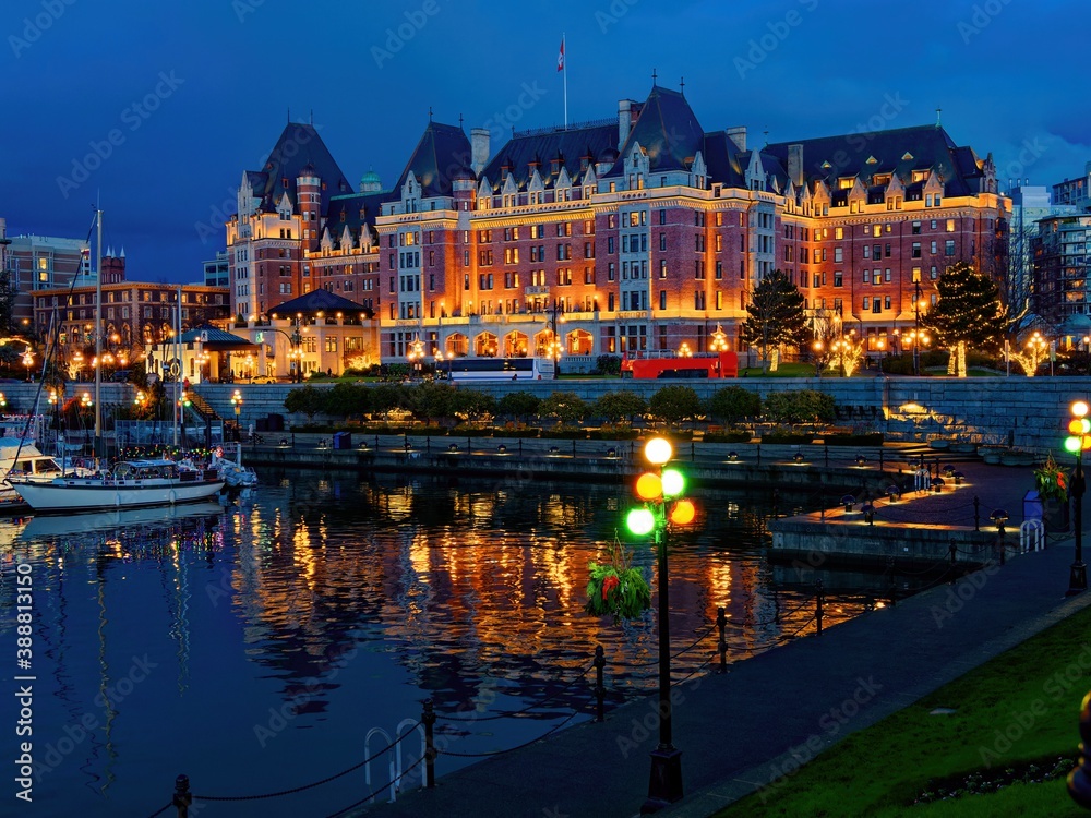 Inner Harbor in Victoria BC, Vancouver Island, Canada, decorated with festive lights during Christmas time