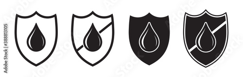 Waterproof icon, drop and shield, water proof resistant vector logo. Impermeable hydrophobic absorption, waterproof fabric liquid rainproof symbol photo