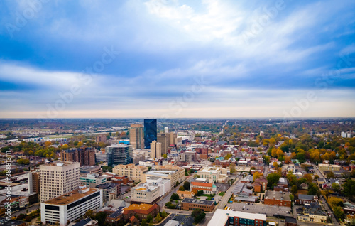 Aerial panorama of downtown Lexington, Kentucky with the business district on the foreground