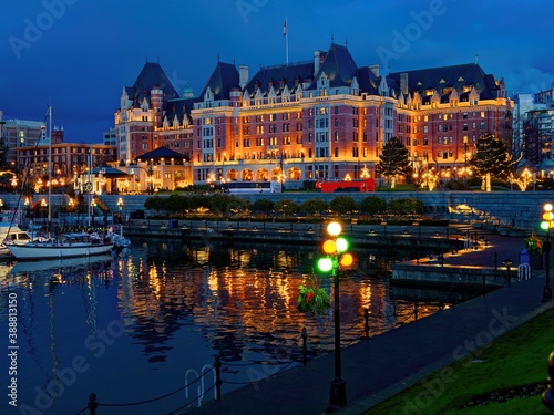 Inner Harbor in Victoria BC  Vancouver Island  Canada  decorated with festive lights during Christmas time