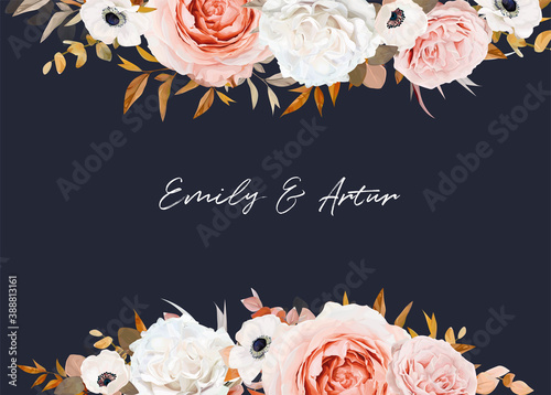 Vector watercolor wedding invite, save the date card design. Blush peach, pink, ivory white Rose, anemone flowers, beige, brown, orange Eucalyptus leaves bouquet. Stylish frame on navy blue background